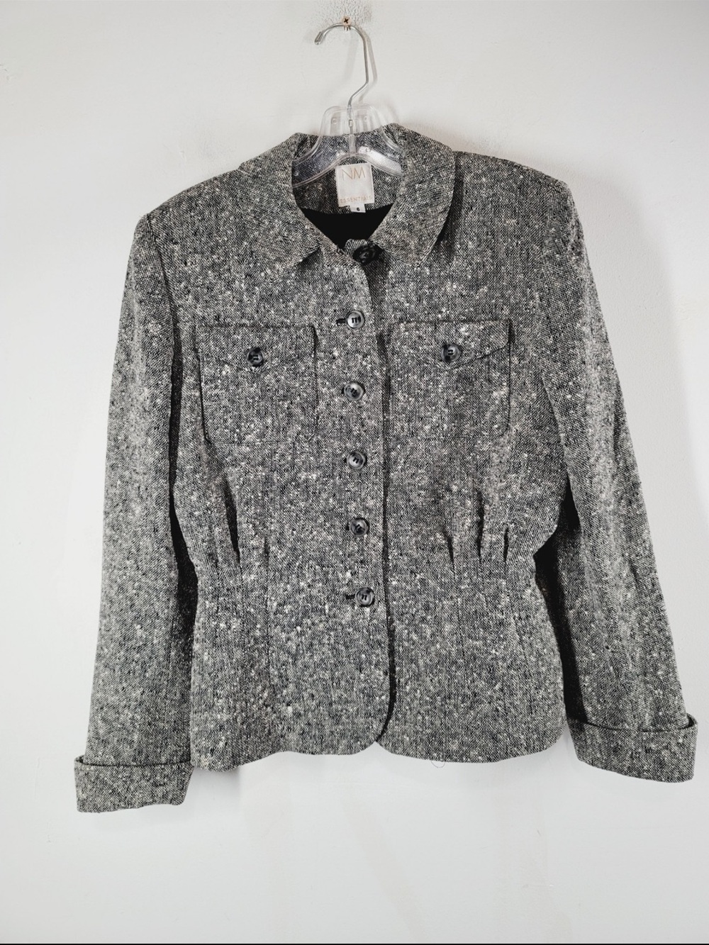 NM ESSENTIALS Gray Tweed Wool Blend Button-Front Women's Jacket, Size 6